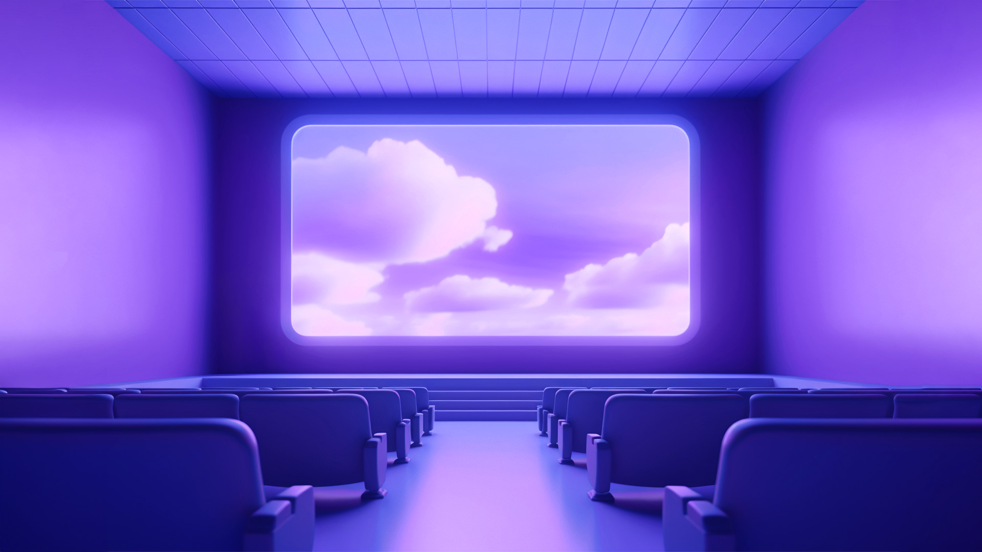 Sala de cine con asientos violetas donde se proyectan unas nubes.