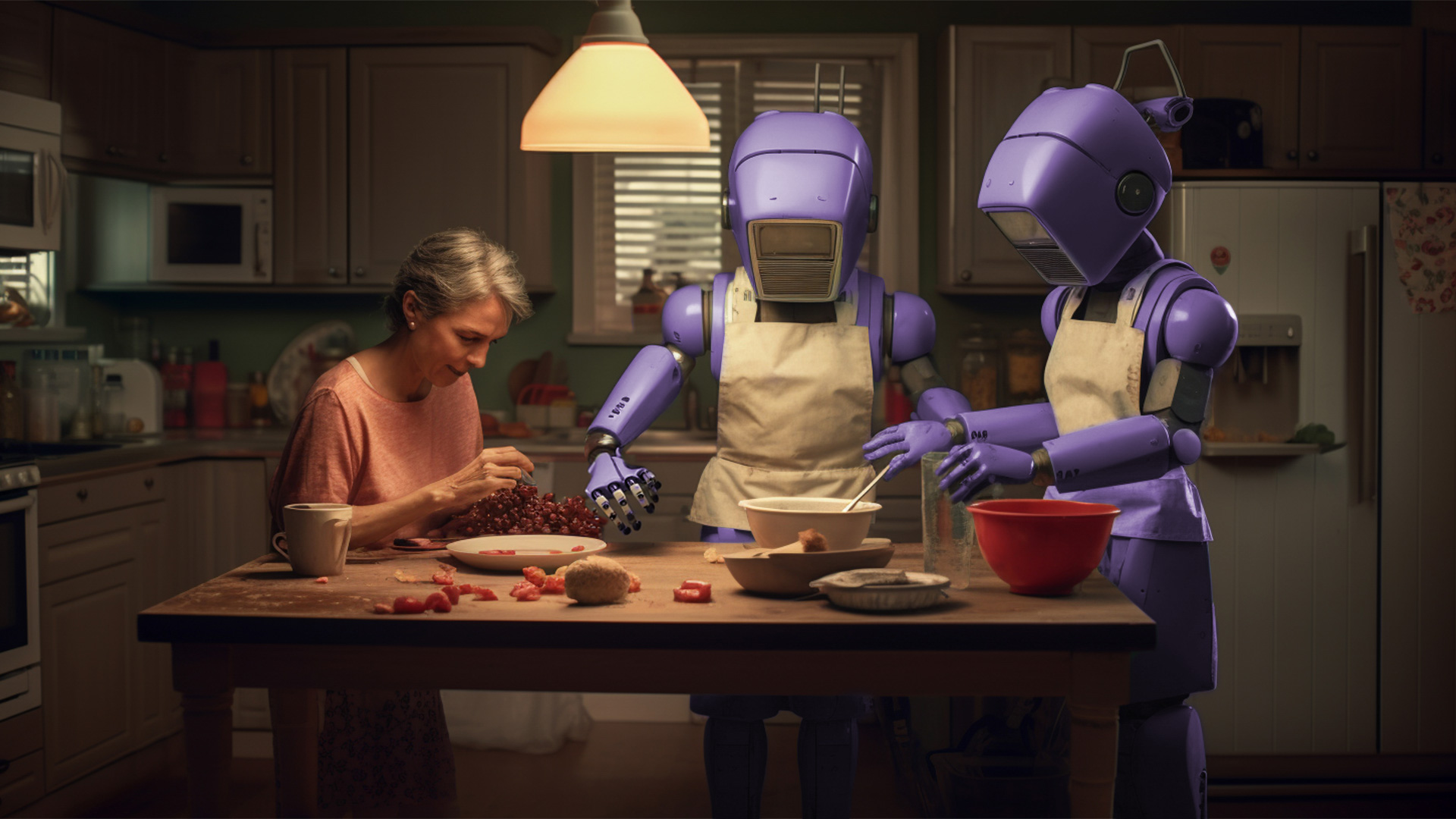 Robots en la cocina ayudando a una anciana a cocinar.