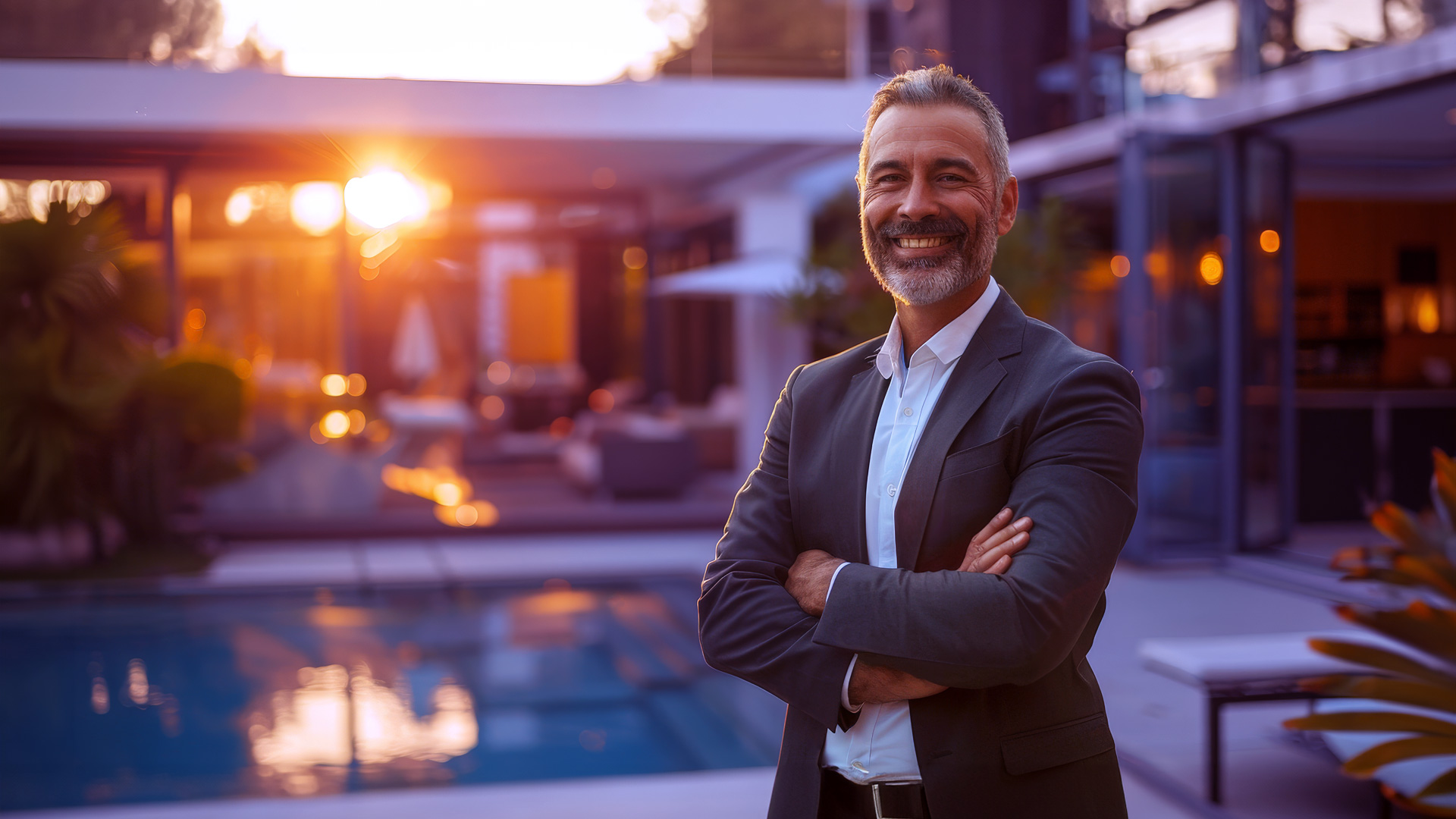 Gerente de una inmobiliaria real estate mirando a la cámara sonriente con los brazos cruzados delante de una propiedad con piscina de lujo