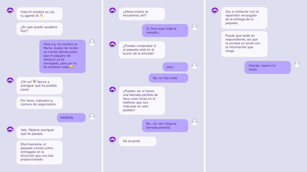 Conversación ficticia entre un agente IA llamado Lía y una consumidora llamada Marta dónde esta contacta con atención al cliente de una empresa de transporte porque no ha recibido su paquete
