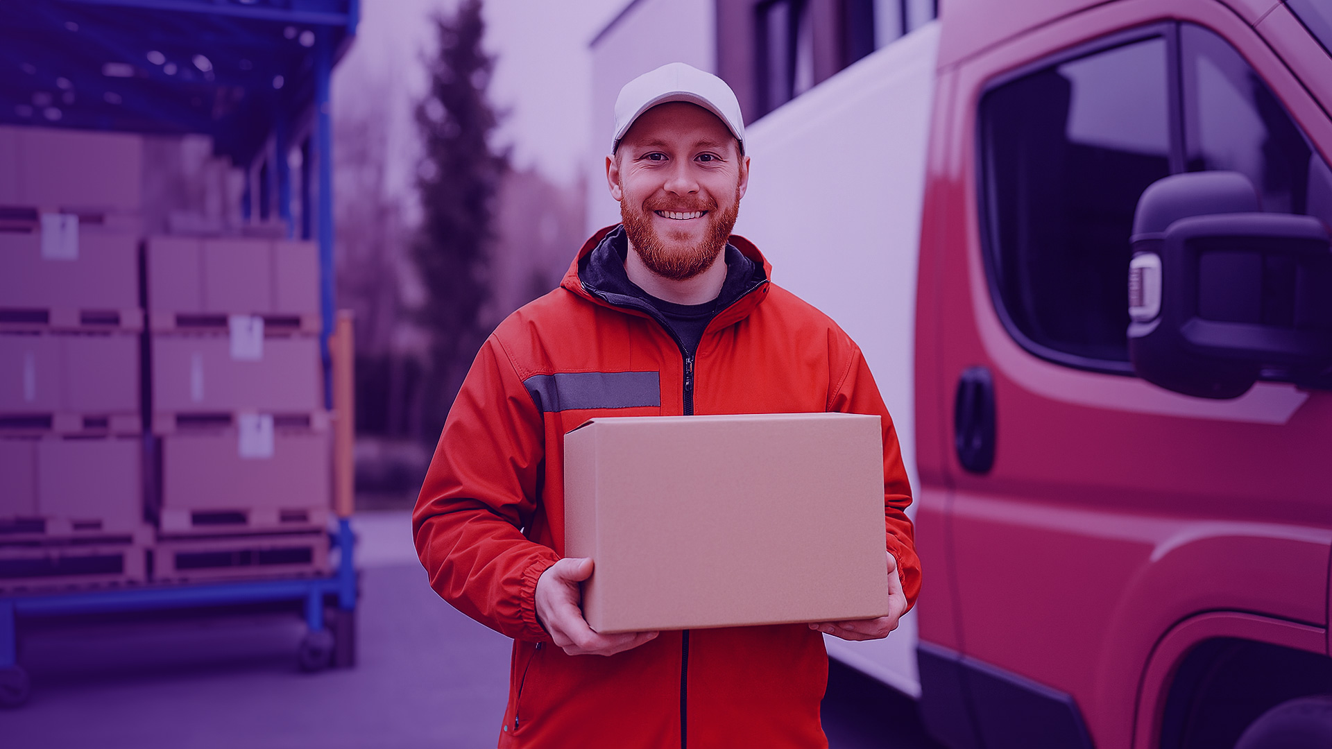 Hombre sonriente repartidor de transporte y logística sosteniendo una caja